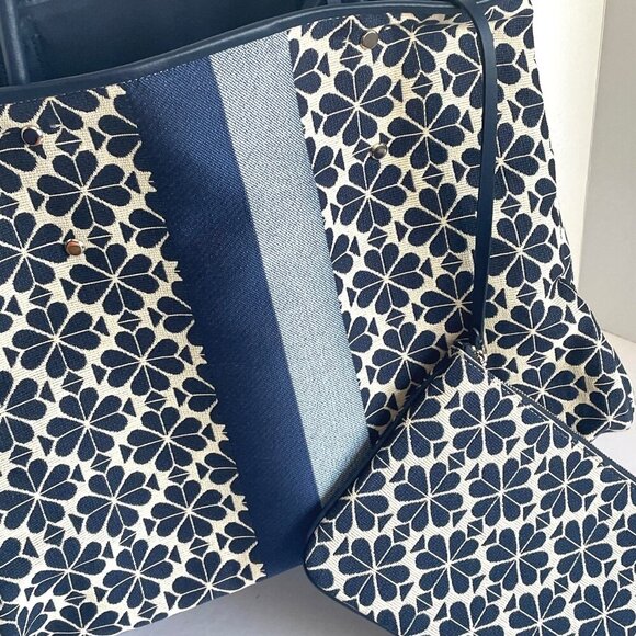 Kate Spade Everything Tote Large Flower Jacquard Stripe Blue Wristlet Adjustable - Picture 14 of 16